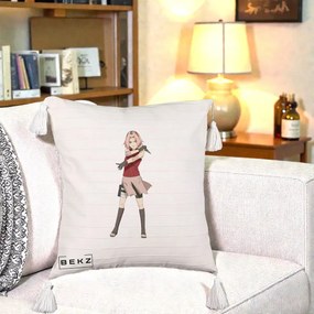 Perna Personalizata Naruto Sakura Haruno Portret, 40x40 cm, Bej cu Franjuri, Husa Detasabila, Perna Inclusa, BEKZ®