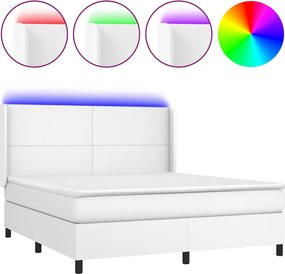 vidaXL Pat cu arcuri, saltea și LED, alb, 160x200 cm, piele ecologică