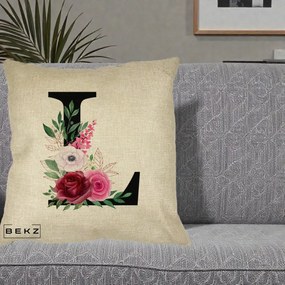 Cadou Personalizat - Perna Personalizata Monograma Florala Litera L, 40x40 cm, Crem, Husa Detasabila, Perna Inclusa, BEKZ®