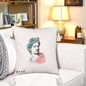 Perna Decorativa Bust Grec Vaporwave, 40x40 cm, Bej cu Franjuri, Husa Detasabila, Perna Inclusa, BEKZ®