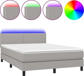 vidaXL Pat cu arcuri, saltea și LED, gri deschis, 140x190 cm, textil