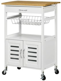 HOMCOM Carrito de Cocina cu Roti Caru cu Depozitare Multifunctional cu Suprafata de Lucru din Bambus Sertar Cos Metalic si Dulap cu 2 Usi cu Jaluzee 58x37x85,5 cm Alb | Aosom Romania