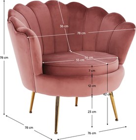 Fotoliu în stil Art-deco, catifea Velvet roz/crom auriu, NOBLIN