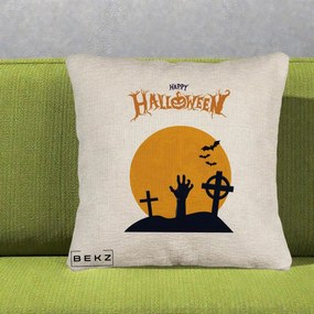 Perna Decorativa Happy Halloween Cimitir cu Luna, 40x40 cm, Bej Canapea, Husa Detasabila, Perna Inclusa, BEKZ®