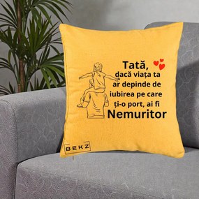 Cadou pentru Tata - Perna Personalizata Tata Supererou Nemuritor, 40x40 cm, Galben, Husa Detasabila, Perna Inclusa, BEKZ®
