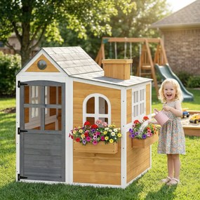 AIYAPLAY Căsuță exterioară pentru copii din lemn, casă pentru copii exterior/interior cu ușă, ferestre, 3 jardiniere, galben | Aosom Romania