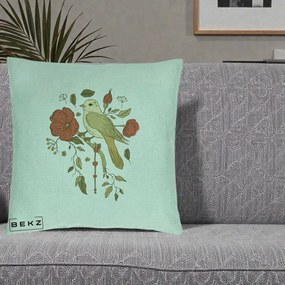 Perna Decorativa Pasare pe Ramura cu Maci, 40x40 cm, Verde Menta, Husa Detasabila, Perna Inclusa, BEKZ®