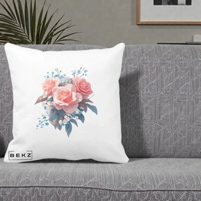 Perna Decorativa Trandafiri Roz cu Floricele Albastre, 40x40 cm, Alba Mata, Husa Detasabila, Perna Inclusa, BEKZ®