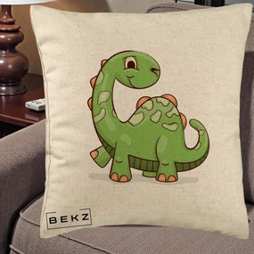Perna Decorativa Brontosaur Verde Simpatic, 40x40 cm, Bej, Husa Detasabila, Perna Inclusa, BEKZ®