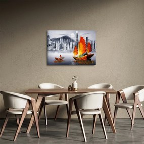 Tablou - Victoria Harbour, Hong Kong, pictură în ulei alb- negru (70x50 cm)