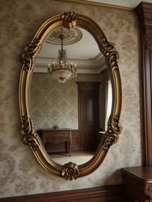 Oglindă decorativă de perete, ramă aurie antichizată, 90 x 55 cm