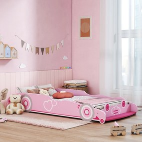 AIYAPLAY Pat pentru Copii de 3-5 Ani în Formă de Mașină cu Margini Ridicate de Siguranță, 140x70 cm, Roz | Aosom Romania