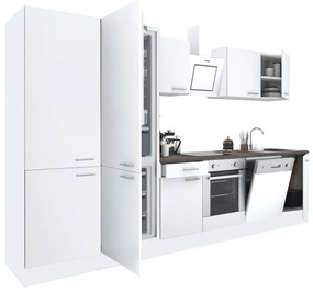 Mobilă de bucătărie Yorki 340, corp alb, față alb satinat cu element inferior cuptor, dulap cu rafturi și frigider congelator inferior