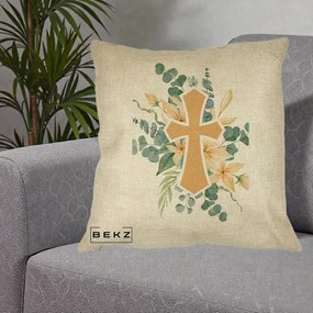 Perna Personalizata Cruce Florala Botez, 40x40 cm, Crem, Husa Detasabila, Perna Inclusa, BEKZ®