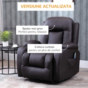 HOMCOM Fotoliu cu Masaj și Încălzire, Fotoliu Rabatabil din Piele Artificială cu 8 Puncte de Masaj și Telecomandă, 85x94x104 cm, Maro | Aosom Romania