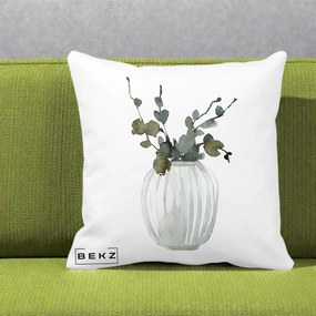 Perna Decorativa Vaza cu Eucalipt Watercolor, 40x40 cm, Alba Mata, Husa Detasabila, Perna Inclusa, BEKZ®