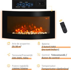 HOMCOM Șemineu Electric Încorporat cu Lumină LED în 7 Culori, Temperatură 15-30°C și Telecomandă, 89,2x13,5x48 cm, Negru | Aosom Romania
