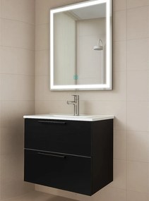 Set Mobilier Baie Suspendat 60 cm – cu Lavoar Ceramic Slim si Oglinda LED, MDF total Negru