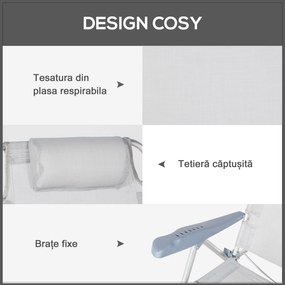 Outsunny Set 2 Scaune de Camping Pliabile cu Tetieră Căptușită și Spătar Reglabil în 6 Poziții, 62x65x80 cm, Gri Deschis | Aosom Romania