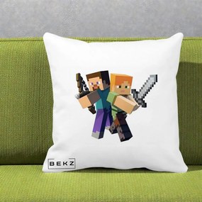Perna Personalizata Minecraft Steve si Alex, 40x40 cm, Alba Mata, Husa Detasabila, Perna Inclusa, BEKZ®
