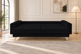 Canapea extensibilă Amara catifea, negru, picioare argintii, cu ladă de depozitare