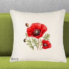 Perna Decorativa Maci Rosii Acuarela, 40x40 cm, Crem Reliefat, Husa Detasabila, Perna Inclusa, BEKZ®