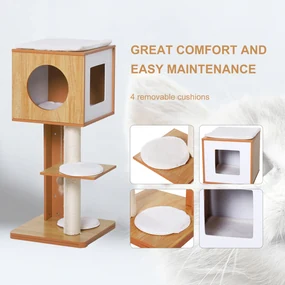 PawHyt Copac pentru Pisici cu 2 Stalpi din Lemn si Sisal si Perne pe 3 Nieluri 50 x 40 x91cm