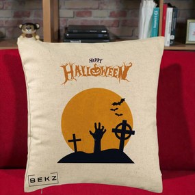 Perna Decorativa Happy Halloween Cimitir cu Luna, 40x40 cm, Bej, Husa Detasabila, Perna Inclusa, BEKZ®