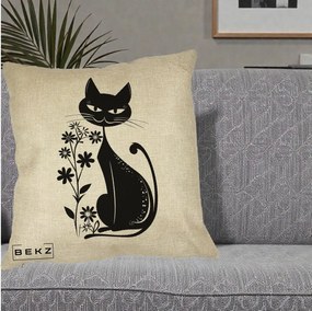 Perna Decorativa Pisica Neagra Grafica Minimalista, 40x40 cm, Crem, Husa Detasabila, Perna Inclusa, BEKZ®