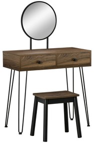 HOMCOM Masa de Machiaj in Stil Industrial, Set Masa de Toaleta cu Taburet si Oglinda de Machiaj, Postatie de Machiaj din Lemn si Metal pentru cameră