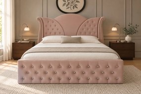 Pat tapițat Chesterfield din catifea Velora Deluxe 180×200 cm, cappuccino, cu ladă de depozitare