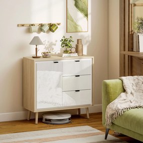 HOMCOM Credență de bucătărie cu 3 sertare și dulap Alb lucios și stejar | Aosom Romania