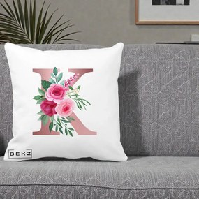Cadou Personalizat - Perna Personalizata Monograma Rose Gold Litera K, 40x40 cm, Alba Mata, Husa Detasabila, Perna Inclusa, BEKZ®