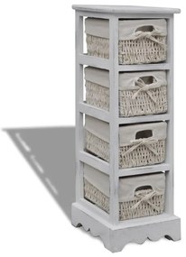 240797 vidaXL Dulap de depozitare din lemn, 4 coșuri împletite, alb