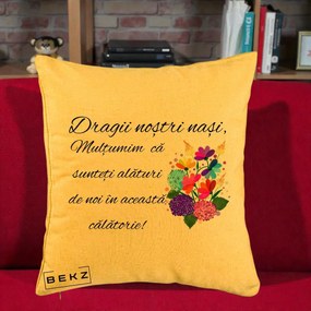 Cadou pentru Nasi - Perna Personalizata Dragii Nostri Nasi Multumim cu Flori Multicolore, 40x40 cm, Galben, Husa Detasabila, Perna Inclusa, BEKZ®