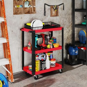 HOMCOM Cărucior Porta Unelte cu 3 Rafturi din Metal și PP, 70.5x35x82.5 cm, Roșu și Negru | Aosom Romania