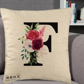 Cadou Personalizat - Perna Personalizata Monograma Florala Litera F, 40x40 cm, Bej, Husa Detasabila, Perna Inclusa, BEKZ®