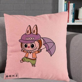 Perna Personalizata Labubu Lucky cu Umbrela, 40x40 cm, Roz, Husa Detasabila, Perna Inclusa, BEKZ®