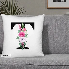Cadou Personalizat - Perna Personalizata Monograma Florala Litera T, 40x40 cm, Alb Pufos, Husa Detasabila, Perna Inclusa, BEKZ®