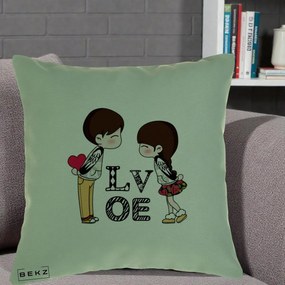 Cadou Romantic - Perna Personalizata Cuplu Kawaii LOVE, 40x40 cm, Verde, Husa Detasabila, Perna Inclusa, BEKZ®
