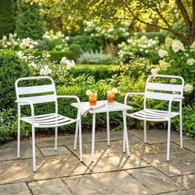 Outsunny Set bistro 3 piese, set mobilier metalic de grădină cu 2 scaune, masă din sticlă, design cu lamele, rezistent la rugină | Aosom Romania