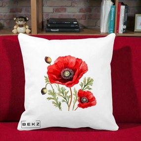 Perna Decorativa Maci Rosii Acuarela, 40x40 cm, Alba Mata, Husa Detasabila, Perna Inclusa, BEKZ®