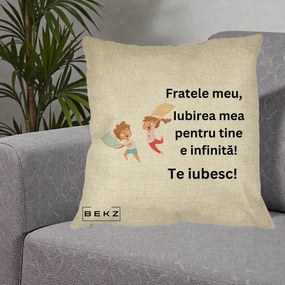 Cadou pentru Frate - Perna Personalizata Fratele Meu Te Iubesc Copii Batalie Perne, 40x40 cm, Crem, Husa Detasabila, Perna Inclusa, BEKZ®