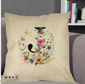 Cadou Personalizat - Perna Personalizata Monogram Litera J cu Flori Acuarela, 40x40 cm, Crem, Husa Detasabila, Perna Inclusa, BEKZ®