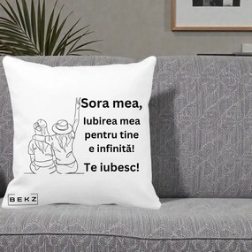 Cadou pentru Sora - Perna Personalizata Sora Mea Te Iubesc Line Art Portrete Colorate, 40x40 cm, Alba Mata, Husa Detasabila, Perna Inclusa, BEKZ®