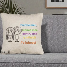 Cadou pentru Frate - Perna Personalizata Fratele Meu Te Iubesc Copii Anime Colorat, 40x40 cm, Bej Canapea, Husa Detasabila, Perna Inclusa, BEKZ®