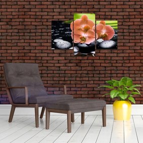 Tablou - Orhidee portocalie cu frunze de palmier (90x60 cm)