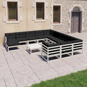 3077110 vidaXL Set mobilier grădină perne, 13 piese, alb, lemn masiv pin