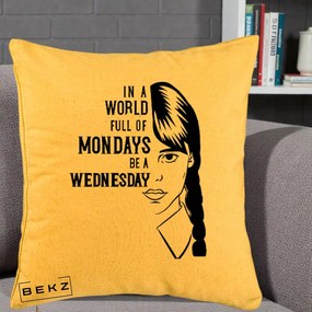 Perna Personalizata Wednesday Be a Wednesday, 40x40 cm, Galben, Husa Detasabila, Perna Inclusa, BEKZ®