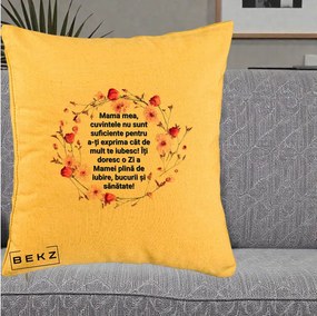 Cadou pentru Mama - Perna Personalizata Mama Mea Mesaj Floral, 40x40 cm, Galben, Husa Detasabila, Perna Inclusa, BEKZ®
